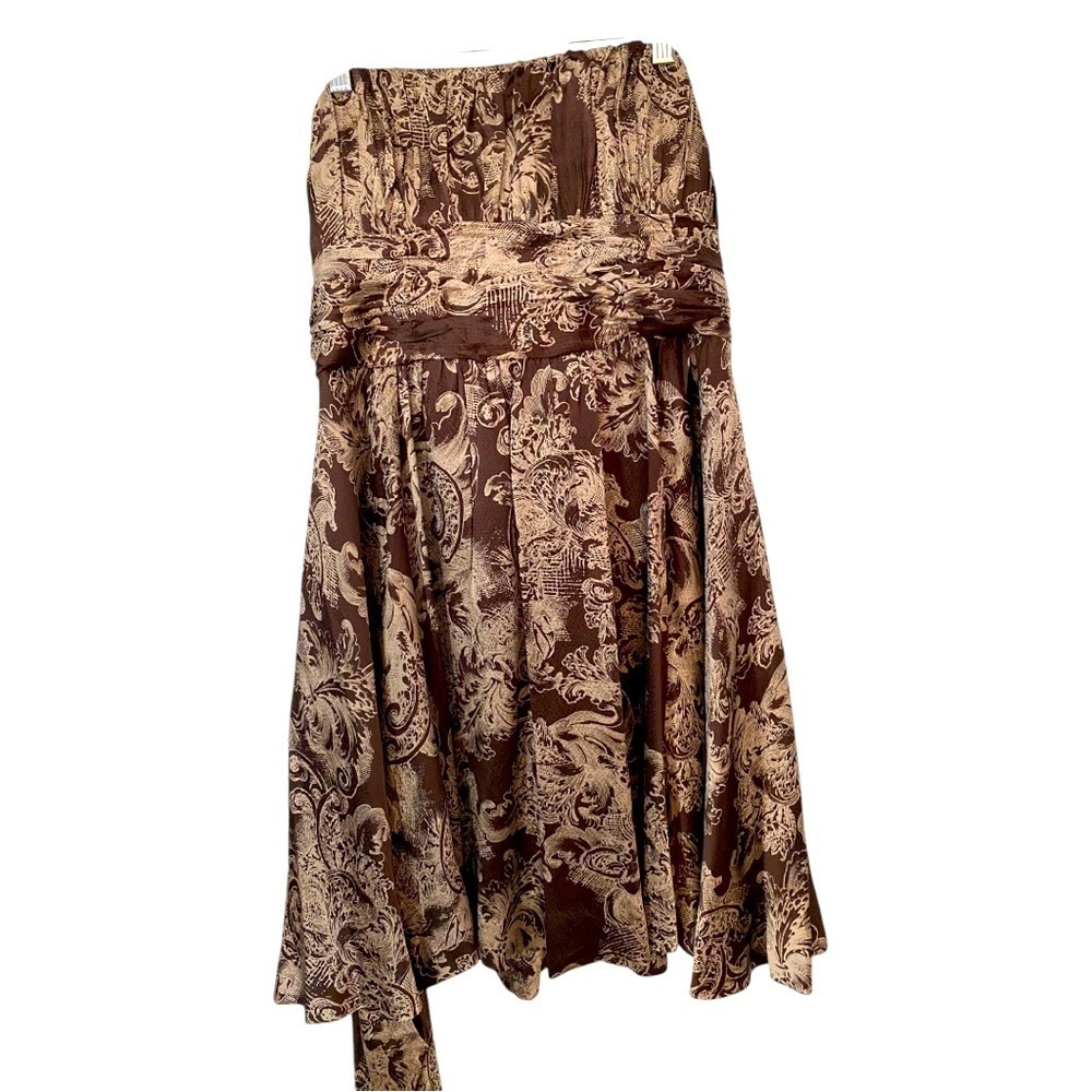 BCBG Maxazria Elegant Brown silk print strapless dress back zip fit & flair 10P